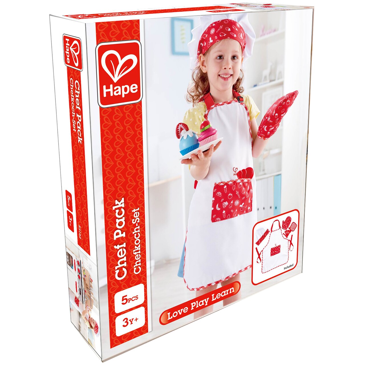 Hape: Chef Pack - 5pc Outfit Set, Red & White, Kitchen Dress Up Toy Playset, Apron-Mit-Rag-Spoon-Hat, Cooking & Baking Play Accessories, Kids Ages 3+